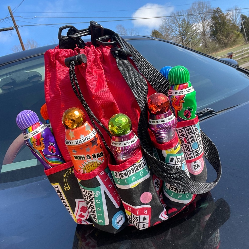 Red Drawstring Bottle Tote with Colorful Printed Pockets